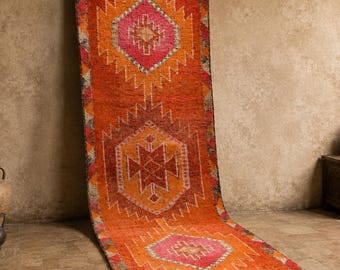3x11 Vintage türkischer Kelim-Läufer: Oranger geometrischer Boho-Flurteppich