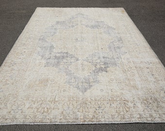 area rug 7x11 Floral wool rug, turkish rug, oushak rug,vintage rug,wool rug,Faded Blue-Beige-brown color rug,low pile rug,7'2x11'0 ft 20626