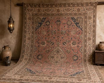 9x13 Vintage Türkischer Kelim-Teppich: Gestreift Beige & Braun Wolle Flachgewebe