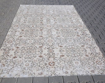 Area Rug 6x9 Turkish Rug,Sun Muted Rug,O Beige,Cream and Brown Rugs,Antiques Vintage Carpets,Oushak Rug5'6x9'2 ft 23560 Handwoven Wool Rug,