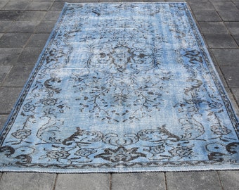 Turkish Rug,Blue Rug,Sea foam rug,indigo rug,oushak rug,overdyed rug,turkey rug,anatolian rug,decoraction rug,wool rug,5'1x8'3 Feet SKU:4004
