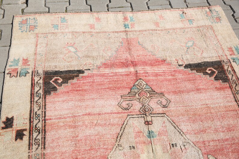 turkish rug, oushak rug 5x11,turkish area rug,turkish woven,bohemian rug, area turkish,pink rugs,sun muted rug,vintage rug,4'8x10'6 ft 19366 image 5