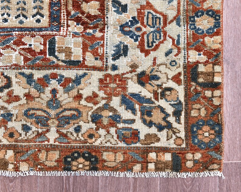 Vintage Turkish Rug: Garden Panel Design, Navy Rust and Ivory Area Carpet image 11