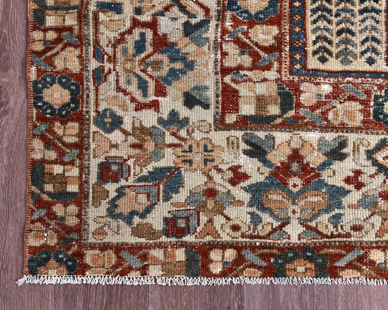 Vintage Turkish Rug: Garden Panel Design, Navy Rust and Ivory Area Carpet image 9