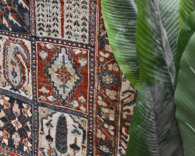 Vintage Turkish Rug: Garden Panel Design, Navy Rust and Ivory Area Carpet image 14