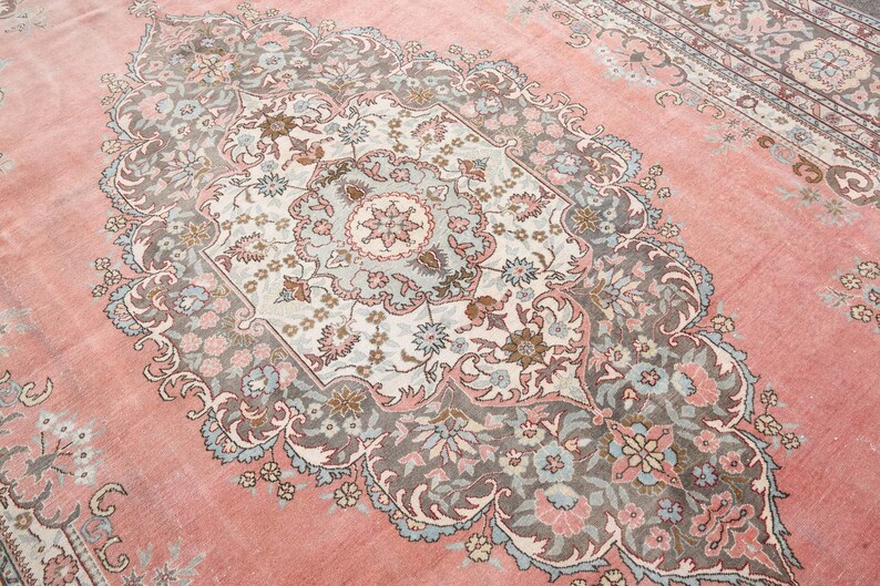9x12 Turkish Rug,Oversized Rug 9x12 Area Rug,Oushak Rug,Pink and Faded light blue and brown rug, bordure rugs,8'5x12'0 feet 22257 Kilim Rugs image 5