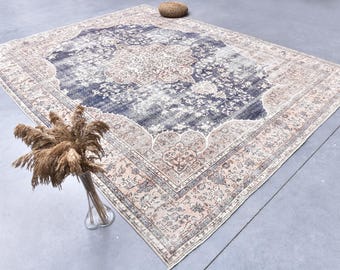 Übergroßer Oushak Teppich 200x300: Türkiser Wollteppich in Verblasstem Blau & Creme