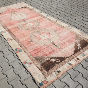 turkish rug, oushak rug 5x11,turkish area rug,turkish woven,bohemian rug, area turkish,pink rugs,sun muted rug,vintage rug,4'8x10'6 ft 19366 image 2
