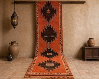 3x13 Vintage türkischer Oushak-Läufer: Gebrannter Orange geometrischer Flurteppich