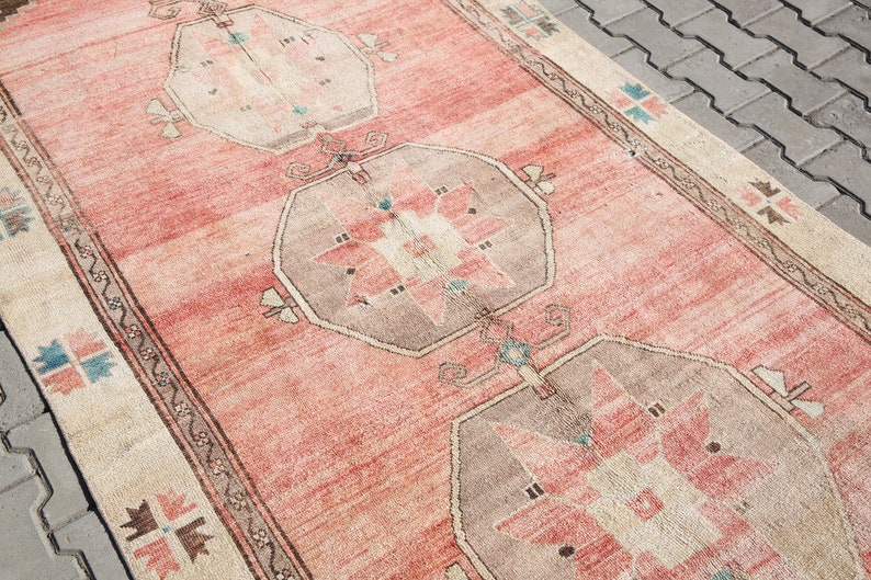 turkish rug, oushak rug 5x11,turkish area rug,turkish woven,bohemian rug, area turkish,pink rugs,sun muted rug,vintage rug,4'8x10'6 ft 19366 image 3