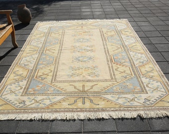 turkish kars rug 7x9 anques vintage rug,turkish rug,low knot rug,dining room rug,Faded Orange-Yellow and brown rug,6'7x9'4 ft 24365 Carpets