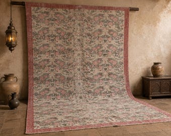 6x10 Vintage Turkish Rug: Soft Pink Ivory and Sage Floral Area Carpet