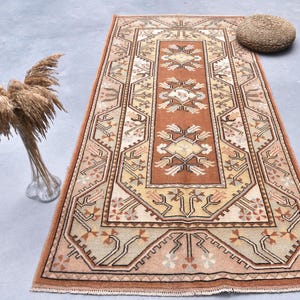 Turkish Rug 4x8 Vintage Rug,Oushak Rug,Milas Rug,Ethnic Rug,Large Runner,Cream & Brown - faded orange rugs,Anatolia Rug, 3&#39;6x7&#39;7 ft 24400