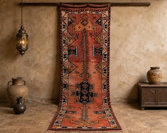 3x10 Vintage Türkischer Oushak Läuferteppich: Terrakotta Geometrischer Stammes-Flurteppich