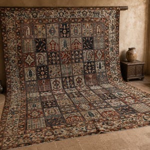 Vintage Turkish Rug: Garden Panel Design, Navy Rust and Ivory Area Carpet image 3