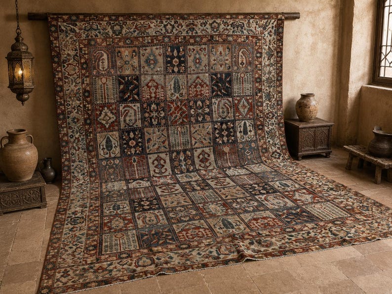 Vintage Turkish Rug: Garden Panel Design, Navy Rust and Ivory Area Carpet image 3