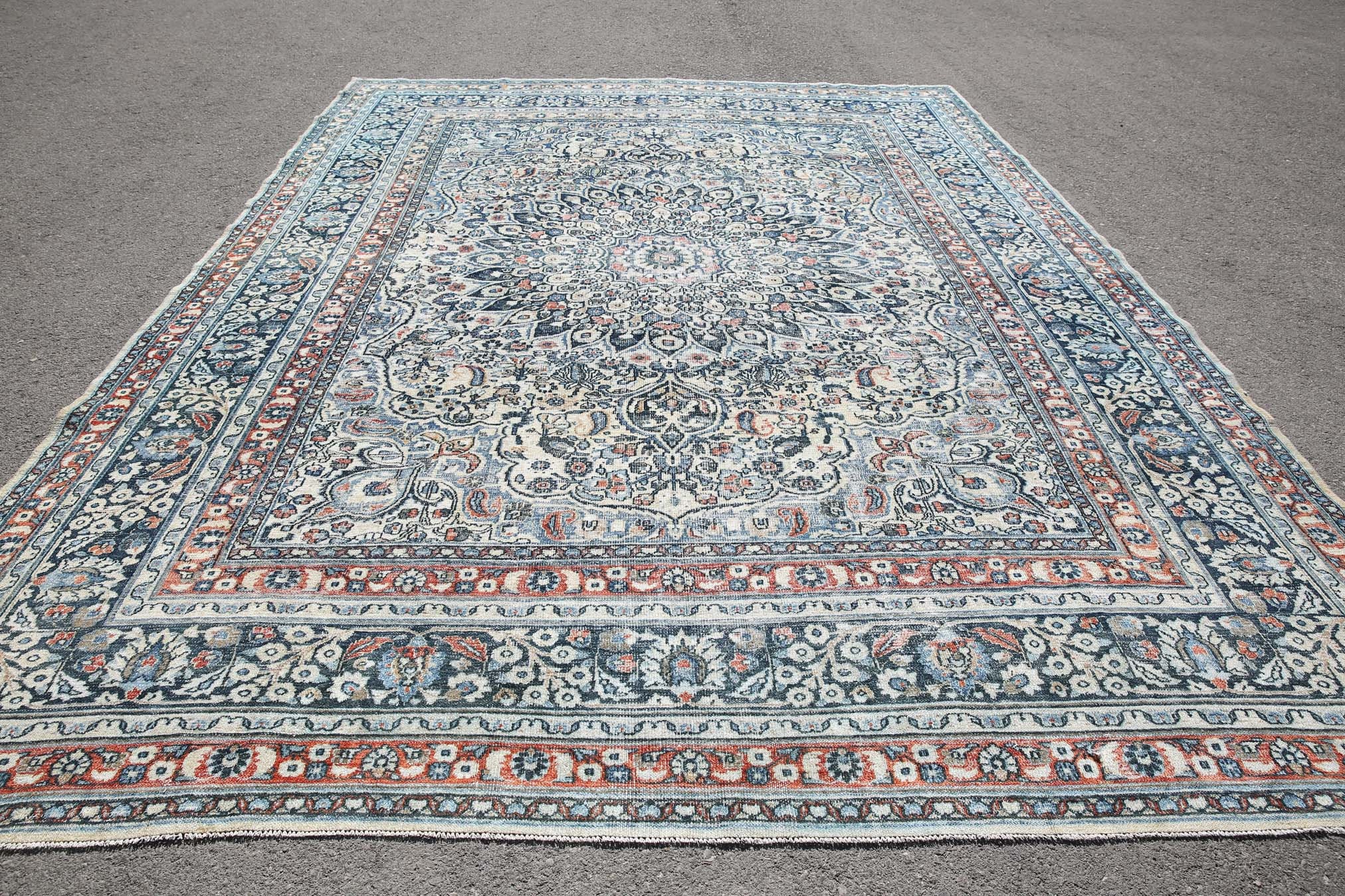 特大ヴィンテージトルコラグ 10x13：花柄インディゴブルーとクリーム