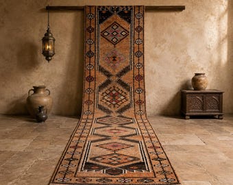 3x14 Vintage Türkischer Oushak Läuferteppich: Geometrischer Boho Flurteppich
