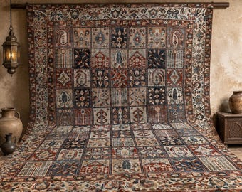 Vintage-Teppich aus der Türkei: Gartenpaneel-Design, Marineblau, Rostrot und Elfenbein