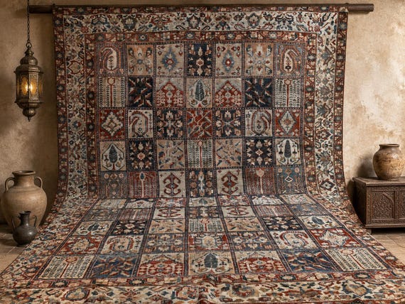 Vintage Turkish Rug: Garden Panel Design, Navy Rust and Ivory Area Carpet