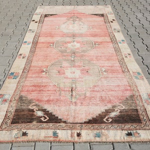 turkish rug, oushak rug 5x11,turkish area rug,turkish woven,bohemian rug, area turkish,pink rugs,sun muted rug,vintage rug,4'8x10'6 ft 19366 image 1