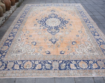 Rugs 9x12 Turkish Rug,Muted Terracotta - Blue Rug,Natural Rug,Turkey Rug,Angora Rug,Wool Rug,Antiques Rug,Ovesized Rugs,8'5x11'7 Ft 6937 Rug