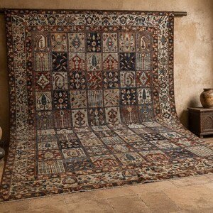 Vintage Turkish Rug: Garden Panel Design, Navy Rust and Ivory Area Carpet image 2
