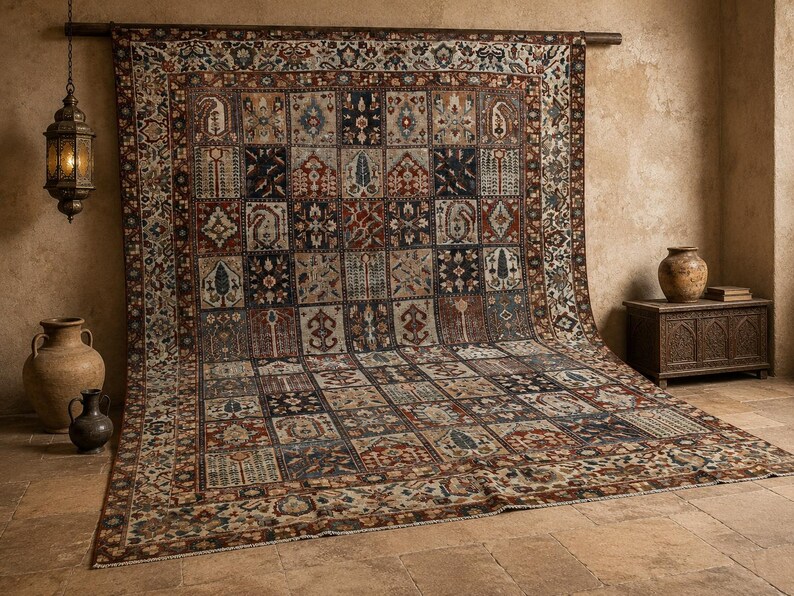 Vintage Turkish Rug: Garden Panel Design, Navy Rust and Ivory Area Carpet image 2