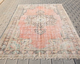 Pink Rug 6x10Turkish Rug,Oushak Rug,Anatolia Rug,Antique Rug,Vintage Rug,Wool Rug,Area Rug,Home Decor Rug,Sun muted Rug,6'1x9'5 Ft SKU:20043