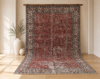 7x11 Vintage Türkischer Oushak-Teppich: Burgunderroter schwarzer Blumenteppich