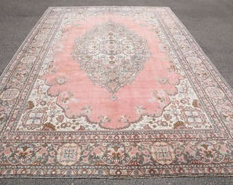 Oversized 9x12 Vintage Turkish Oushak Rug: Pink, Blue, and Brown
