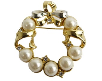 broche vintage Gold & Faux Pearl Wreath