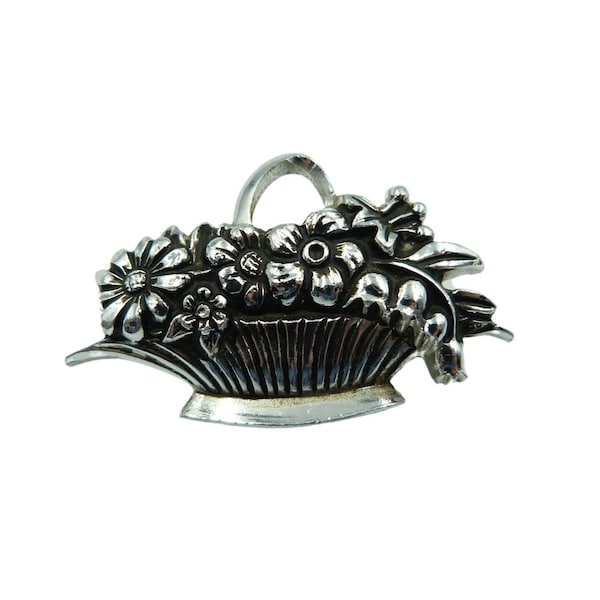 Vintage Silver Flower Basket Brooch, Floral Brooch Signed Globus Foreign