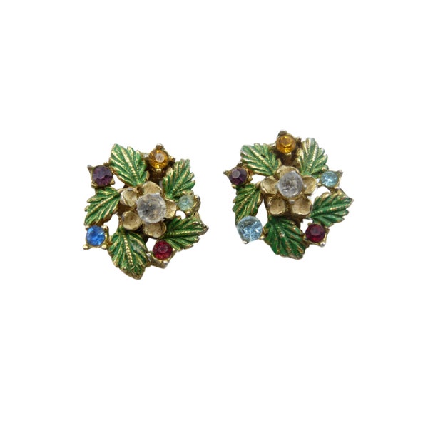 Vintage Flower Clip On Earrings, Rhinestone Enamel Floral Earrings