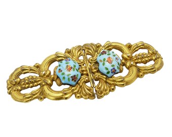 Vintage Gold Enamel Floral Brooch, Gold Gilt Cloisonné Brooch, Blue Floral Enamel Brooch, Antique Art Nouveau Brooch