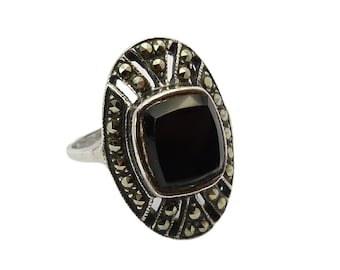 Vintage Art Deco Silver Onyx Ring, Silver Marcasite Ring, Black Stone Ring, Cocktail Ring