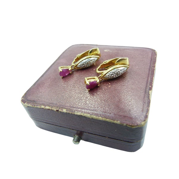 Vintage Gold & Faux Ruby Earrings, Ruby Rhinestone Clip On Earrings