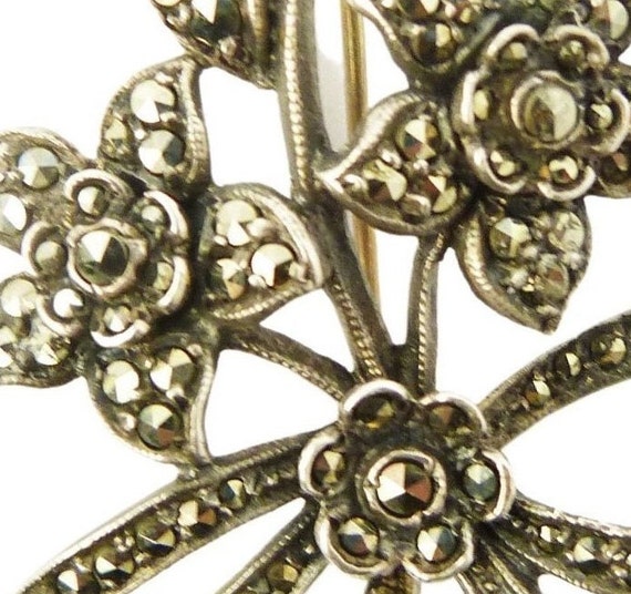 Art Deco Marcasite Flower Brooch, Signed Platinin… - image 9