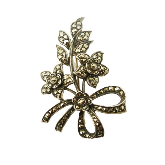 Art Deco Marcasite Flower Brooch, Signed Platinin… - image 2