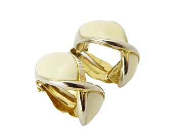 Vintage Gold Tone & Cream Enamel Clip On Earrings