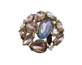 Vintage Purple Rhinestone Brooch, Moulded Glass Brooch, Purple Crystal Stone Brooch