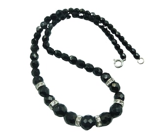 Vintage Black Glass Bead & Crystal Necklace