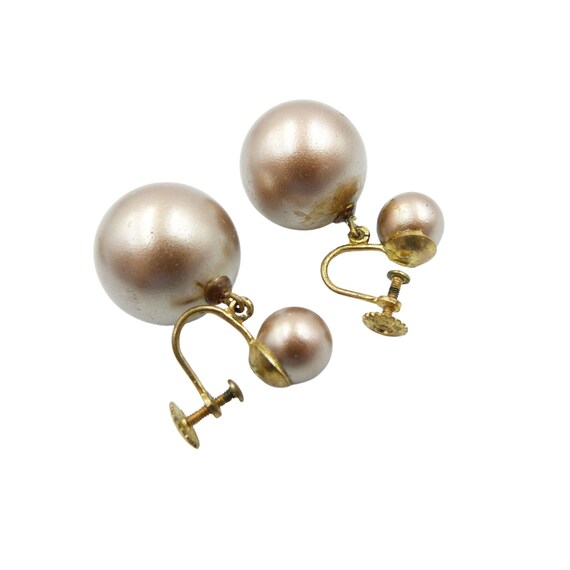 Vintage Brown Pearl Screw Back Earrings, Art Deco… - image 2