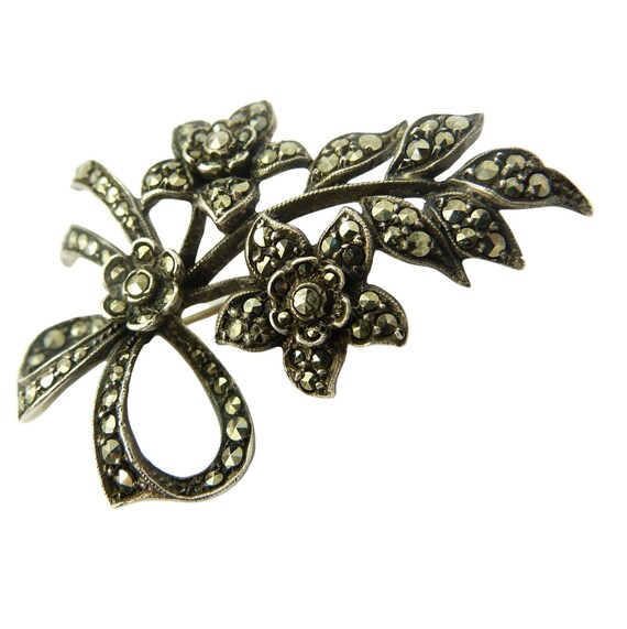 Art Deco Marcasite Flower Brooch, Signed Platinin… - image 3