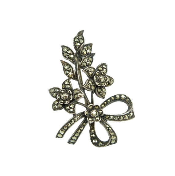 Art Deco Marcasite Flower Brooch, Signed Platinin… - image 1