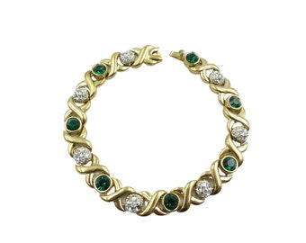 Vintage Rhinestone Bracelet, Gold & Green Bracelet, Emerald Clear Rhinestone Bracelet, Vintage Tennis Bracelet