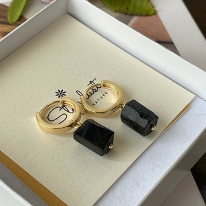 Shungite gold hoop earrings, luxury black mineral earrings, gift for girlfriend