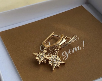 Kleine Gold Stern Charme Hoops, Sterling Silber, Nordstern Hoop Ohrringe, trendige Ohrringe, stilvolle Stern Ohrringe