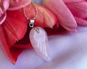 Rose Quartz Angel wing Pendant, angel necklace crystal gemstone, valentine's day gift, yoga jewelry, girlfriend gift pendant, pink stone