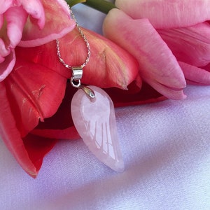 Rose Quartz Angel wing Pendant, angel necklace crystal gemstone, valentine&#39;s day gift, yoga jewelry, girlfriend gift pendant, pink stone